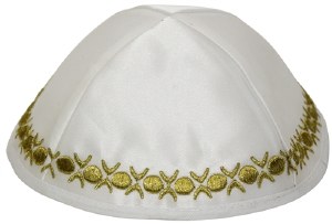 Kippah White Satin with Gold Embroidered Trim