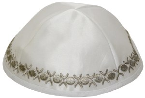 Kippah White Satin with Silver Embroidered Trim