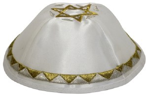 Kippah White Satin with Embroidered Gold and Silver Patterned Trim and Star of David on Top