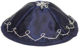 Bris Yarmulkah for Babies with Strings Navy Satin Trimmed with Silver Design