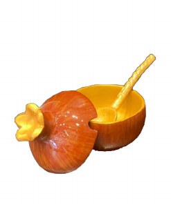 Metal Honey Dish with Spoon Pomegranate Design Orange