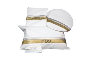 Pesach Set Faux Leather 4 Piece White and Gold Stripe Design