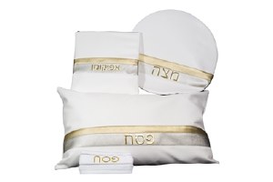 Pesach Set Faux Leather 4 Piece White and Silver Stripe Design