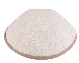 iKippah Tan Linen with Light Brown Leather Rim Size 5