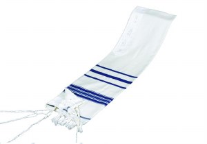 Tallis Wool Traditional Keter with Meyuchad Strings Blue and White Stripes 43" x 64"