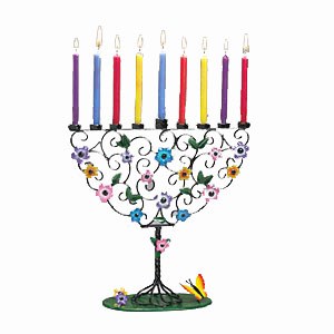 Candle Menorah Hand-Crafted Metal Tree with Colored Flowers