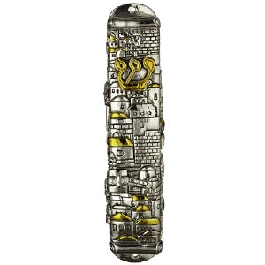 Polyresin Mezuzah Case Gold and Silver Jerusalem Rooftops and Stones Design 25cm