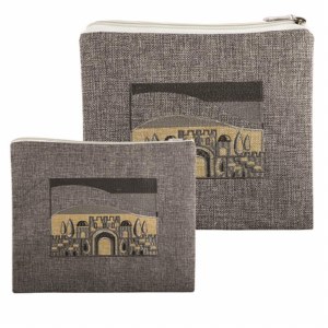 Tallis and Tefillin Bag Set Grey Linen Jerusalem Design