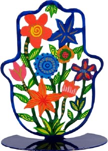 Yair Emanuel Standing Hamsa Hand Painted Colorful Flowers Design 6"