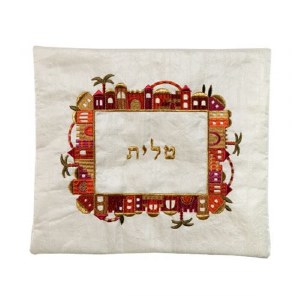 Yair Emanuel Embroidered Tallis Bag Red Jerusalem Design White