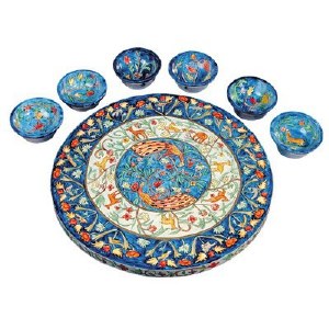 Yair Emanuel Wooden Painted Seder Plate - Peacocks Design