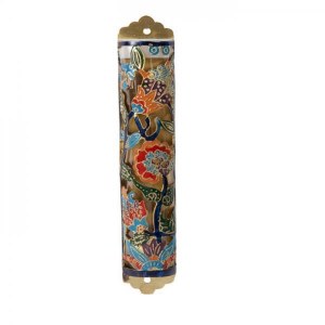 Yair Emanuel Laser Cut Hand Painted Mezuzah Case Large Flowers Multicolor 12cm