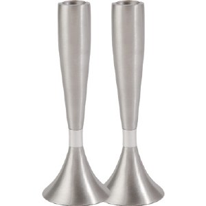 Yair Emanuel Anodized Aluminum Shabbat Candlesticks Large - Silver