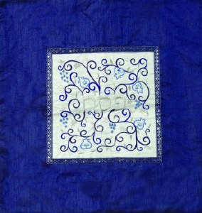 Yair Emanuel Embroidered Matzah Cover Pomegranates White on Blue