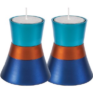 Yair Emanuel Anodized Aluminum Small Candlesticks - Turquoise & Orange