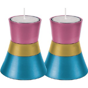 Yair Emanuel Anodized Aluminum Small Candlesticks - Turquoise & Pink