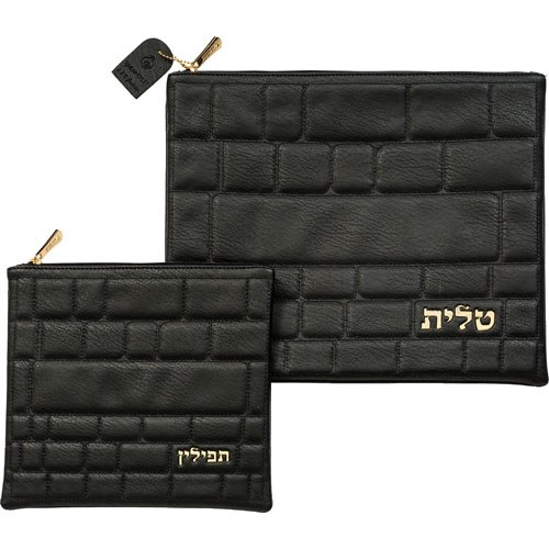 Image of Tallis and Tefillin Bag Set Faux Leather Black Embossed Kosel Design Large Center Stone