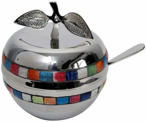 Nickel Honey Dish Multicolor Squares Trim with Spoon and Glass Insert