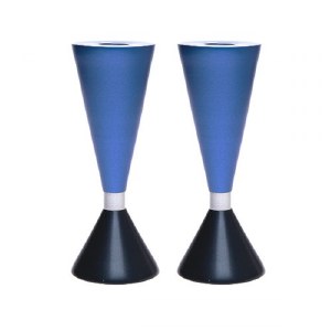 Yair Emanuel Anodized Aluminum Candlesticks Double Sided Blue 6.5"
