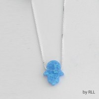 Necklace Hamsa Light Blue Opal with Sterling Silver Chain 16"