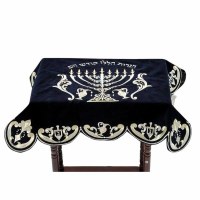 Velvet Chanukah Menorah Table Cover Embroidered Menorah Design Navy