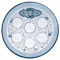 Round Glass Seder Plate Elegant Design Blue 12"