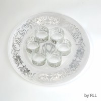 Glass Seder Plate Including 6 Glass Liners Silver Floral Design