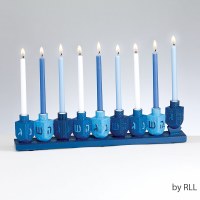 Candle Menorah Hand Painted Resin 
Blue Dreidels Design