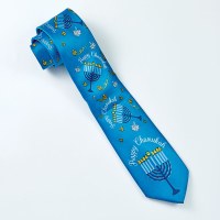 Faux Silk Chanukah Tie Menorah Design Blue