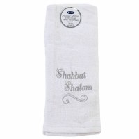 Velour Hand Towel Shabbat Shalom English Embroidered Design White Silver 26" x 16"