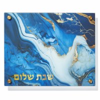 Glass Challah Board Raised Legs Marble Design Blue 15" x 12"