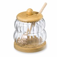 Glass Honey Jar Dish on Stand with Wood Lid and Honey Dipper 4.5" H