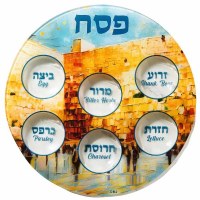 Round Glass Seder Plate Kotel Scene Design 12"