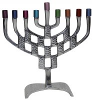 Candle Menorah Aluminum Hammered Design with Nickel Plated Finish and Colorful Cups 8.5"