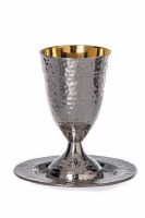 Hammered Stainless Steel Kiddush Cup with Stem and Tray 5"