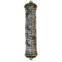 Polyresin Mezuzah Case Gold and Silver Jerusalem Scenes Adorned with Crowned Ends 12cm