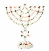 White Candle Menorah Featuring Colorful Dots and Gold Glitter Design with Star of David