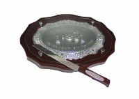Oval Challah Board Wood and Silver Plated with Knife