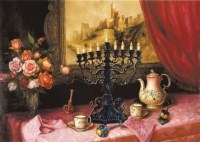 Additional picture of Chanukah Greeting Cards Menorah Tea Party Design 6 Pack