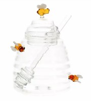 Additional picture of Glass Honey Dish Honey Pot Design Accented with Bees Glass Honey Dipper