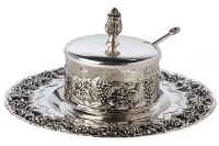 Honey Dish with Spoon and Plate Silver Plated Grape Design