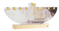 Lucite Menorah Jerusalem Design Gold Accent 13.5"