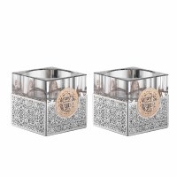 Crystal Tea Light Holder 2 Piece Set with Laser Cut Silver Plaque 1.5" x 2"