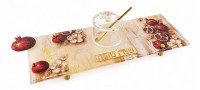 Additional picture of Lucite Rosh Hashanah Simanim Tray with Honey Dish and Spoon Painted Pomegranates Design Gold Accent 16.5"