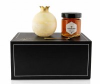 Resin Honey Dish with Spoon and Kosher Raw Honey Pomegranate Design Gourmet 4 Piece Gift Set 3.5"