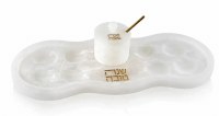 Resin Marbled Simanim Tray with Honey Dish and Spoon Curve Design Hebrew Gold 17" x 7"