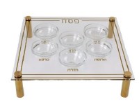 Lucite Square Seder Plate with 6 Glass Bowls Raised on Legs Gold 12"