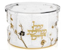 Lucite Round Towel Box with 8 White Towels Ornate Garden Design Gold
