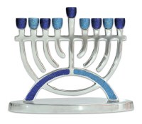 Aluminum Candle Menorah Arc Design Blue Glitter 7.5"