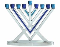 Candle Menorah Aluminum Chabad Style Blue Glitter Cups 8.5"